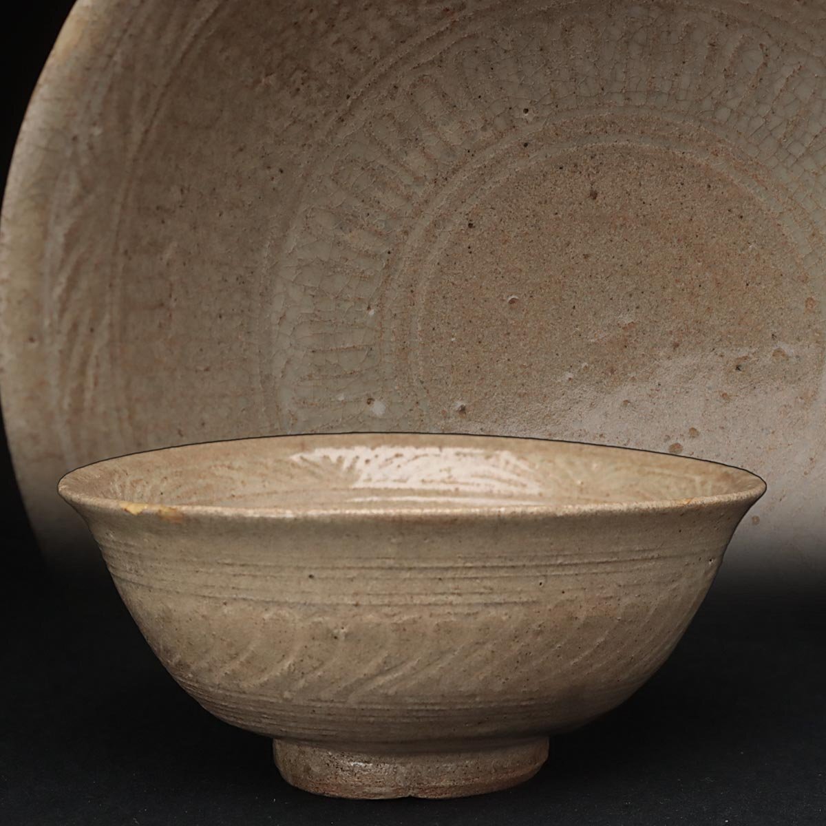 ZN303 朝鮮美術 李朝時代 李朝三島象嵌茶碗 径15.2cm 木箱附・李朝三嶋象嵌碗 茶道具 朝鮮古陶 朝鮮古美術拍卖