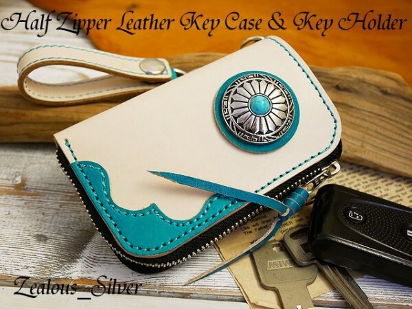 コロンとフォルム!! ハーフジッパー レザーキーケース ターコイズコンチョ スマートキー タンロー×ブルーパーツステッチ キーホルダーset拍卖