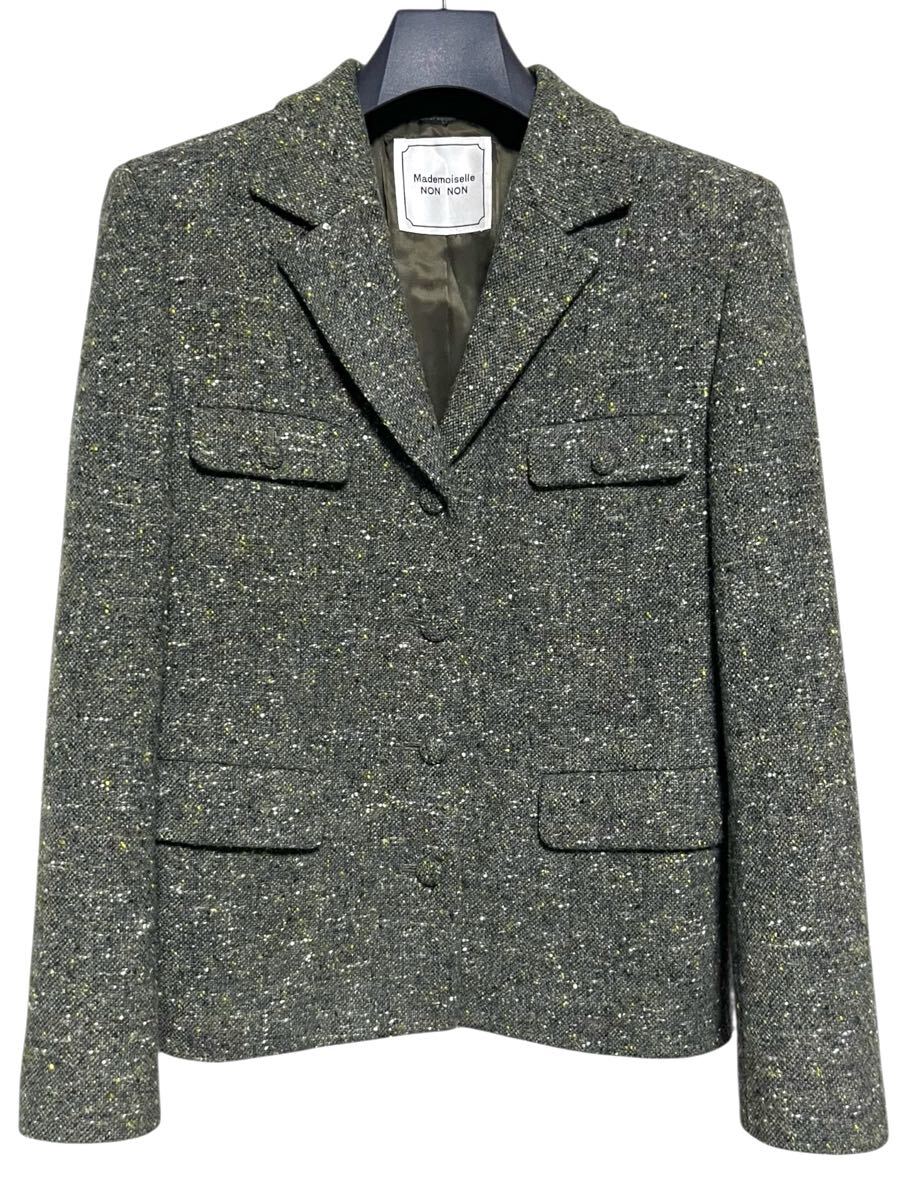 美品 英国製生地 マドモアゼルノンノン ツイードジャケット カーキ サイズM拍卖