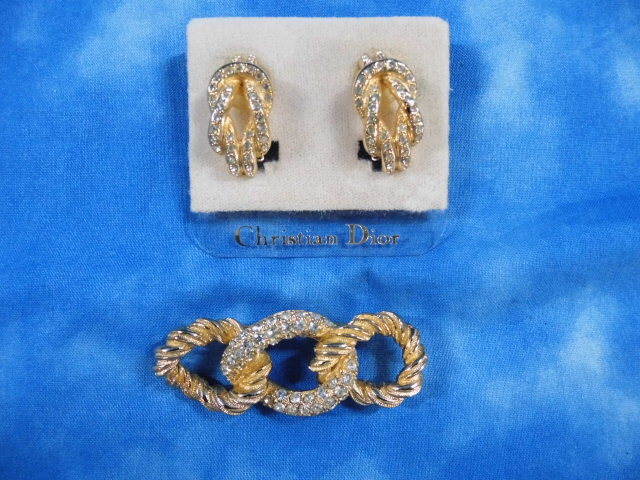 ★本物 Christian Dior ディオール イヤリング ブローチ セット ゴールド ラインストーン / ヴィンテージ アクセサリー まとめ売り!拍卖