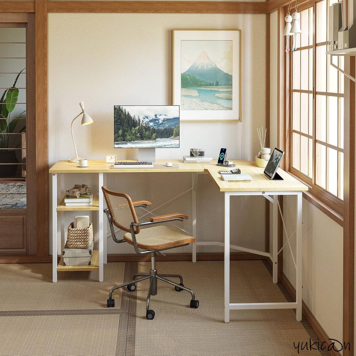 l字デスク パソコンデスク ナチュラル 幅150x奥行き120cm ラック付き 収納 安定性 組み立て簡単 一人暮らし 左右入れ替え可能拍卖