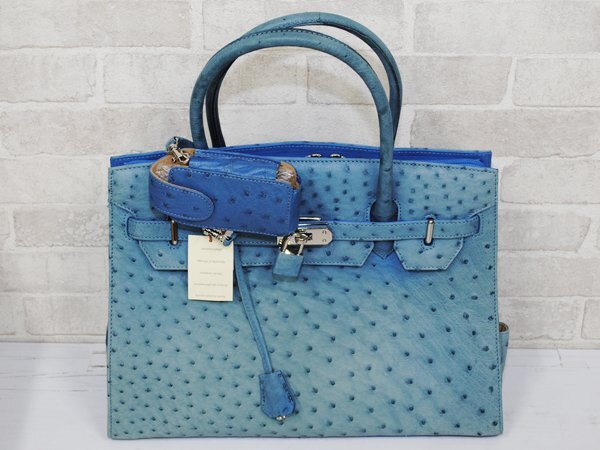 ハンドバッグ レザーバッグ オーストリッチ 携帯ポーチ付き バーキン型 高級素材/ブルー/34x27.5x13.5cm/訳有/1円スタート/AY拍卖