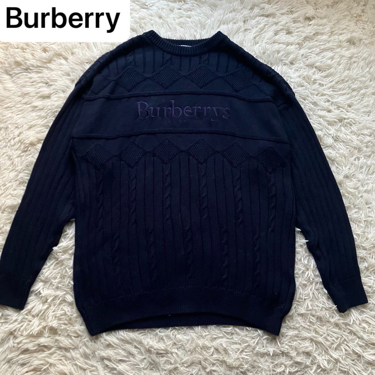 【希少】 BURBERRY バーバリー ニット セーター ネイビー L knit sweater England イングランド製拍卖