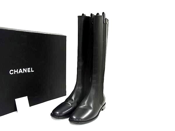■美品■ CHANEL シャネル ココマーク カメリア レザー サイドゴア ロングブーツ サイズ 38 1/2 (約25.5cm) 靴 シューズ BN5499拍卖