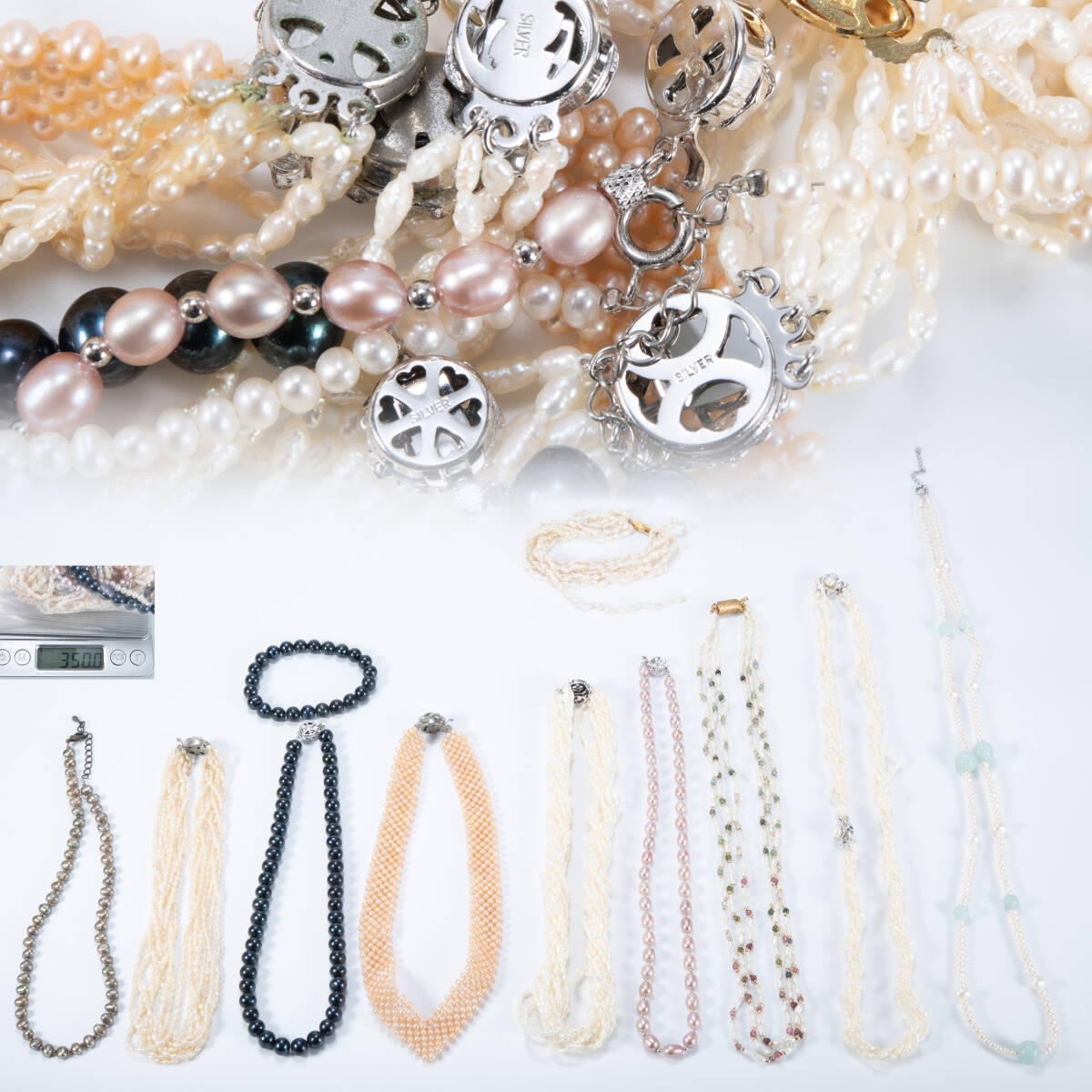 本真珠・淡水真珠・8連 10連パールネックレス・ブレスレット・シルバー・silver刻印・ジャンク・まとめ売り・350.0g・N211252拍卖