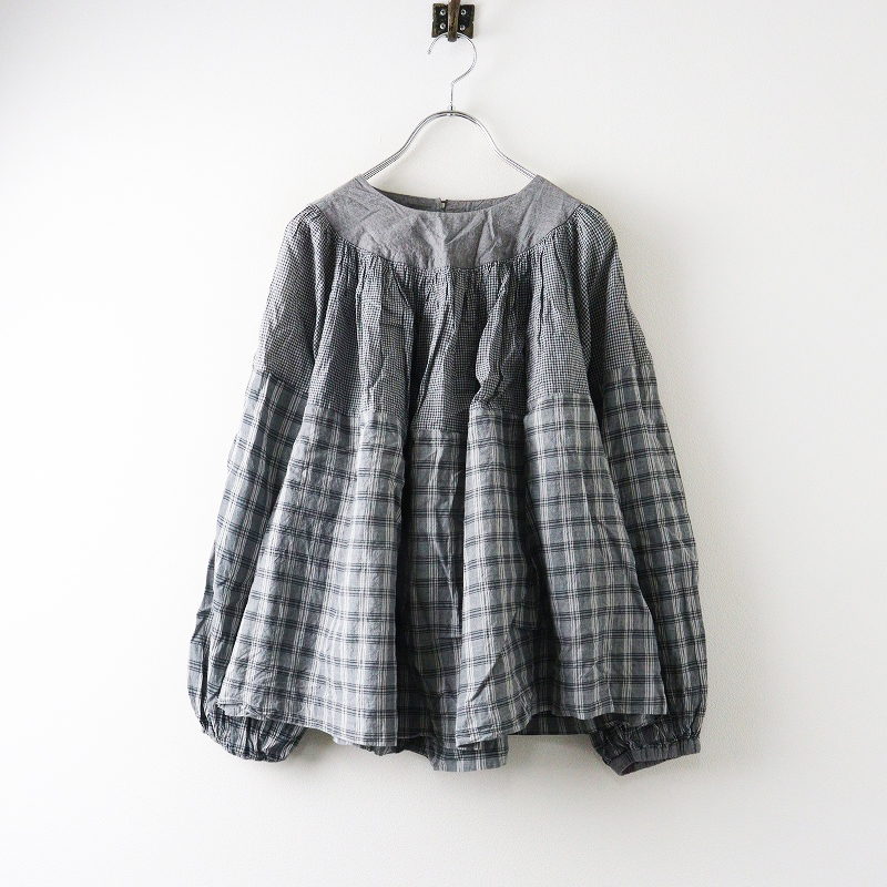 美品 45R 45rpm フォーティファイブアール 梅雨風カディミックスのタックギャザーブラウス/グレー チェック シャツ【2400014467154】拍卖