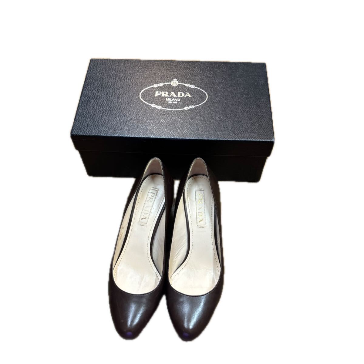 PRADA パンプス 焦茶カーフ 37/23.5 プラダ レザー パンプス イタリア製拍卖