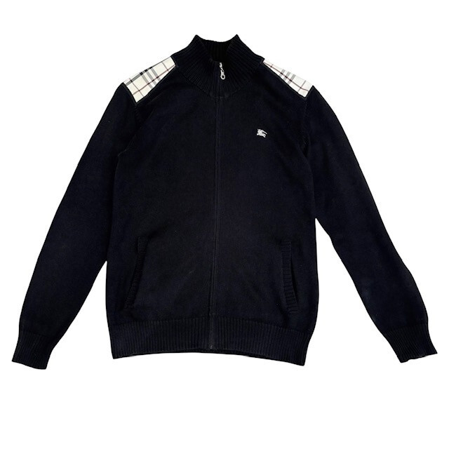 古着 バーバリーブラックレーベル ドライバーズニット カーディガン クリーニング済み 肩チェック 黒 メンズ サイズ3拍卖