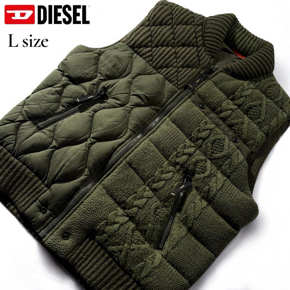 極美品/Lサイズ●DIESEL ディーゼル ニット ケーブル編み ダウンベスト ジャケット アウター パッチワーク キルティング 胸元ロゴ 手洗可◎拍卖