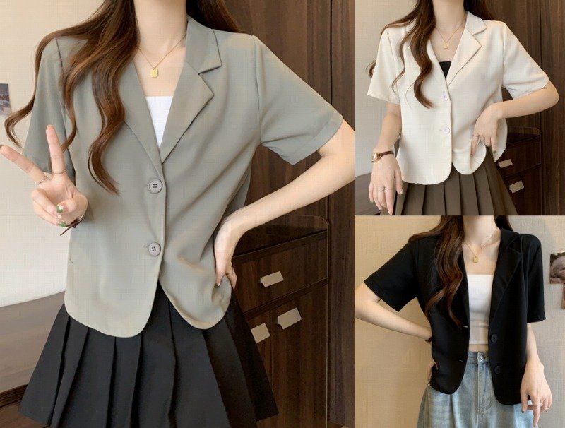 トップス ブレザー 羽織 アウター 半袖 ジャケット コート シンプル カジュアル レディース 2XL ブラック拍卖