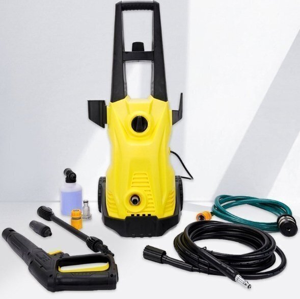 高圧洗浄機 家庭用 高圧洗車機 水道直結・自吸両用 AC110V/1500W/50HZ 5m高圧ホース付 洗車 収納移動もラクラク (短いノズル/イエロー)拍卖