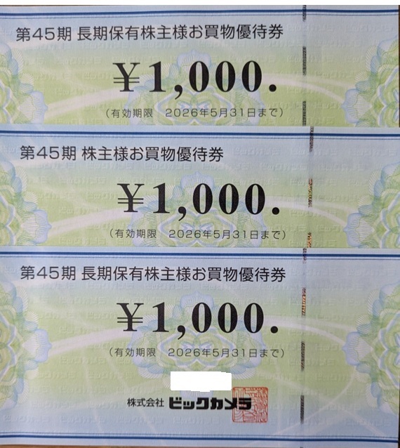 即決 ビックカメラ 株主優待 3000円分 期限2026.5.31まで拍卖