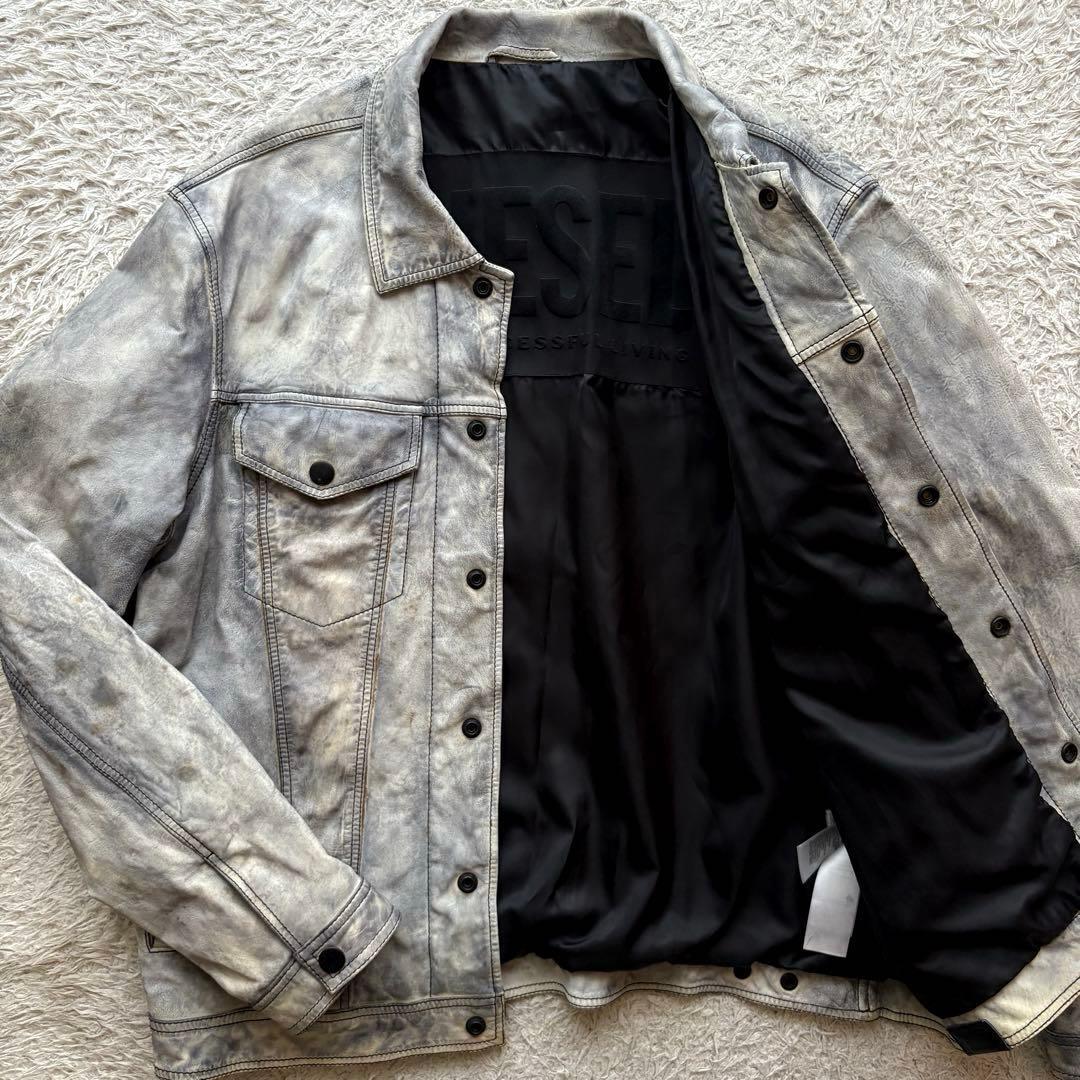★羊革 XLサイズ★ DIESEL トラッカージャケット 本革 レザー ラムレザー ディーゼル ダメージ加工 ヴィンテージ加工 Gジャン型 LL メンズ拍卖