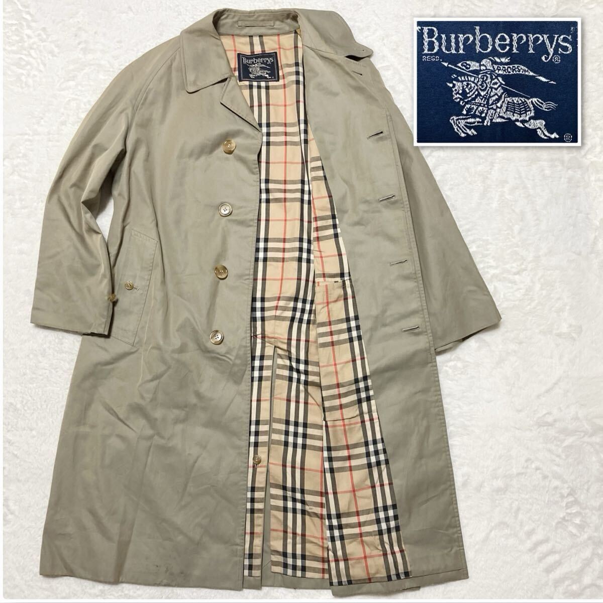 Burberrys バーバリー ステンカラーコート ロングコート ベージュ×裏地総ノバチェック 三陽商会 コットン100% メンズ 比翼仕立て拍卖