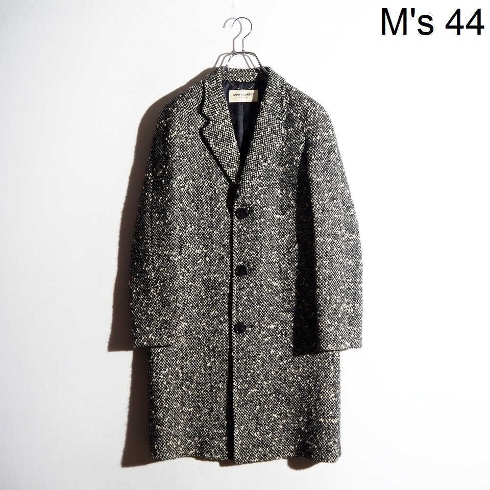 P9735P ▼SAINT LAURENT PARIS サンローランパリ▼ 14AW エディ期 ツイード チェスターコート ブラック ホワイト 44 / 358998 秋冬 rb mks拍卖