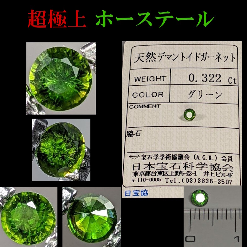 デマントイドガーネット 0.322ct◆鑑定済◆超極上 ホーステール ロシア産 ソーティング付 天然石 ルース Demantoid Garnet 宝石 指輪拍卖