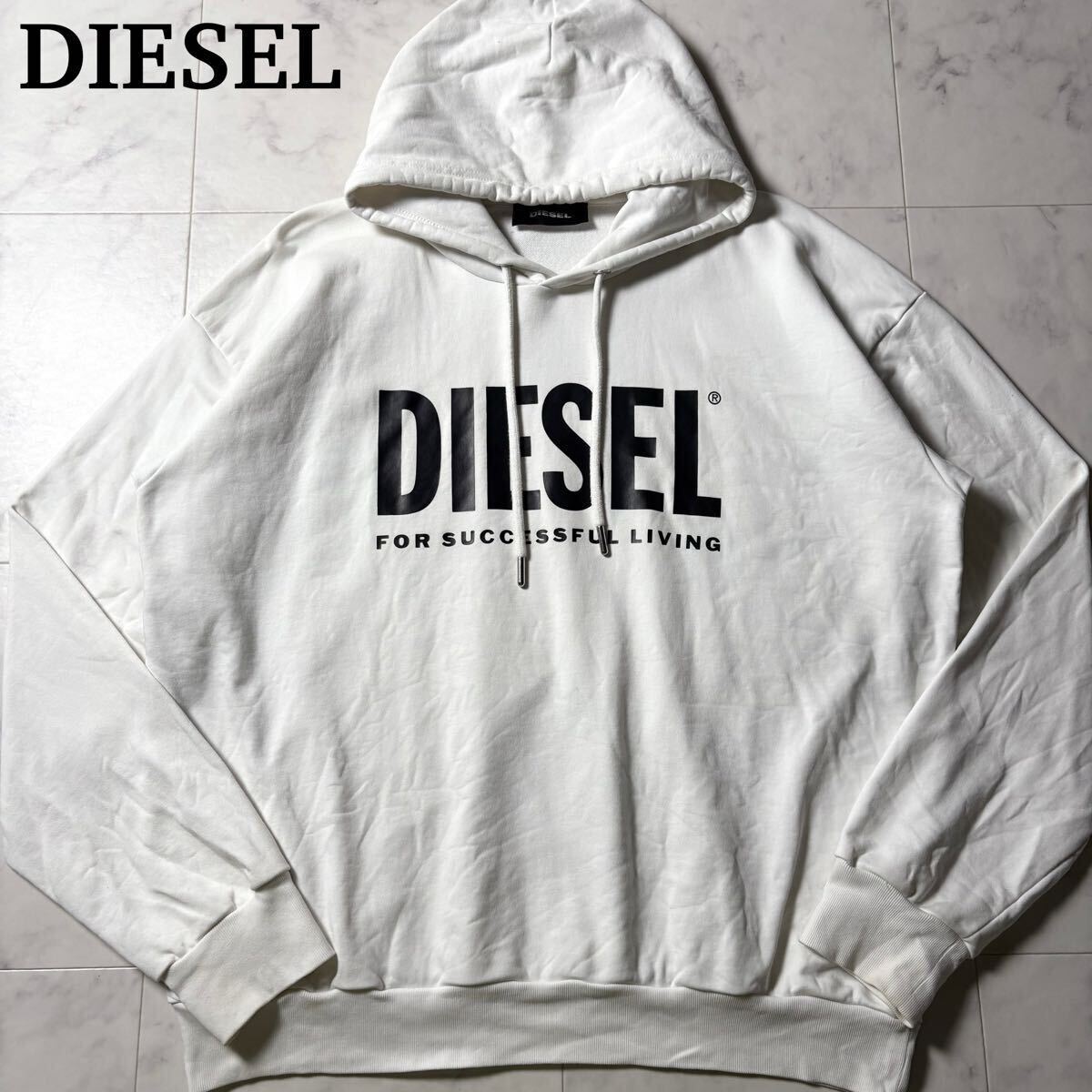 Lサイズ●DIESEL ディーゼル ビッグロゴプリント プルオーバー パーカー スウェット コットン ホワイト 白 秋冬 メンズ拍卖
