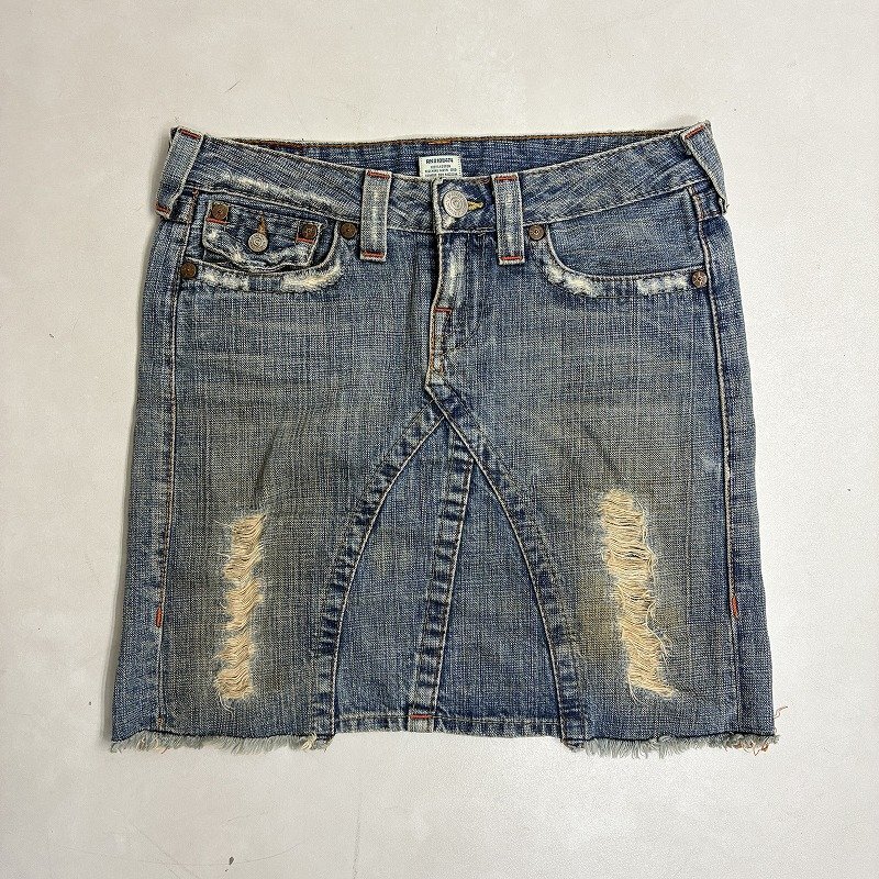◆ TRUE RELIGION トゥルーレリジョン USA製 デニム スカート ミニ ダメージ加工 タイト ボトム 古着 コットン ブルー サイズ26 レディース拍卖