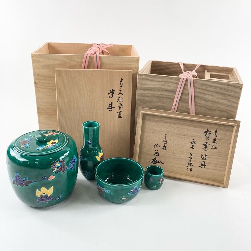 十六代 永楽善五郎 田中仙翁書付 青交趾宝尽皆具 共箱 二重箱 水指 建水 蓋置 杓立 茶道具 ※同梱不可 4373916拍卖