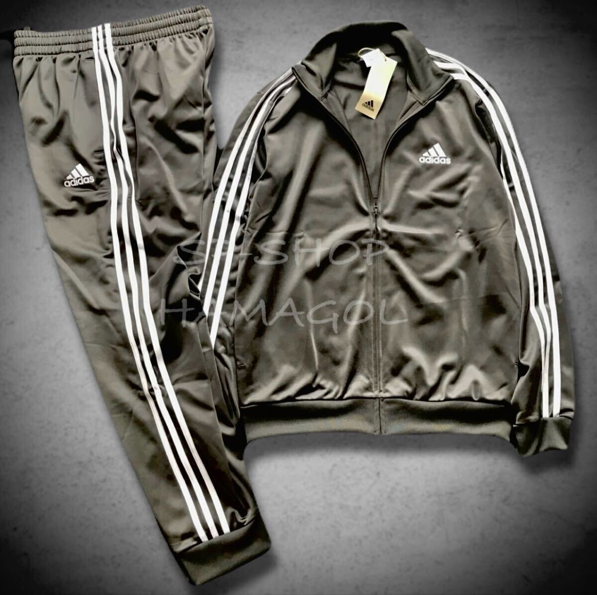 ☆194新品【メンズL】グレー 秋冬 adidas アディダス 上下セット トリコット 裏起毛 ジャージ ジャケット パンツ セットアップ拍卖