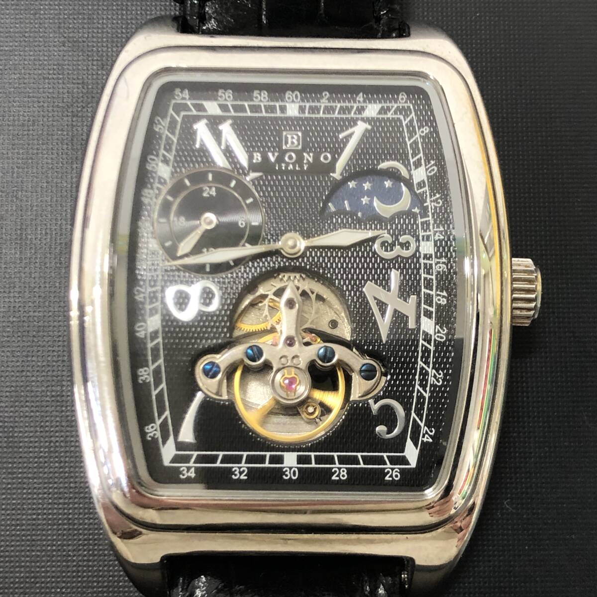 07w1038★1円~ BVONO ITALY ヴォーノ トゥールビヨン ムーンフェイズウォッチ B-5508 自動巻腕時計 レザーバンド 中古品拍卖