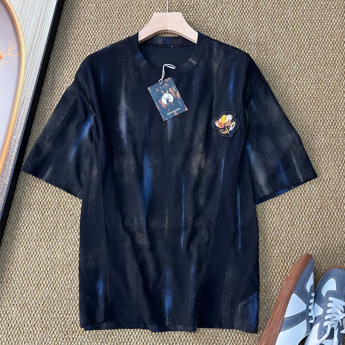 半袖 Tシャツ カナダ製造 綿混 人気 薄手 ソフト タイダイ柄 刺繍 丸首 可愛い ゆったり カジュアル スウェット 通勤 通学 夏服 SIZE:L拍卖