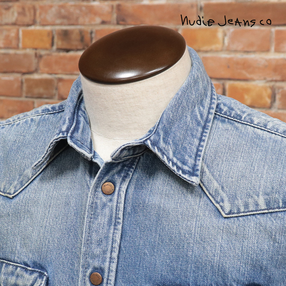 1円/Nudie Jeans/Mサイズ/長袖ウエスタンシャツ JONIS ORG.DEEP BLUE WORN デニム ヌーディージーンズ 新品/青/ブルー/me187/拍卖