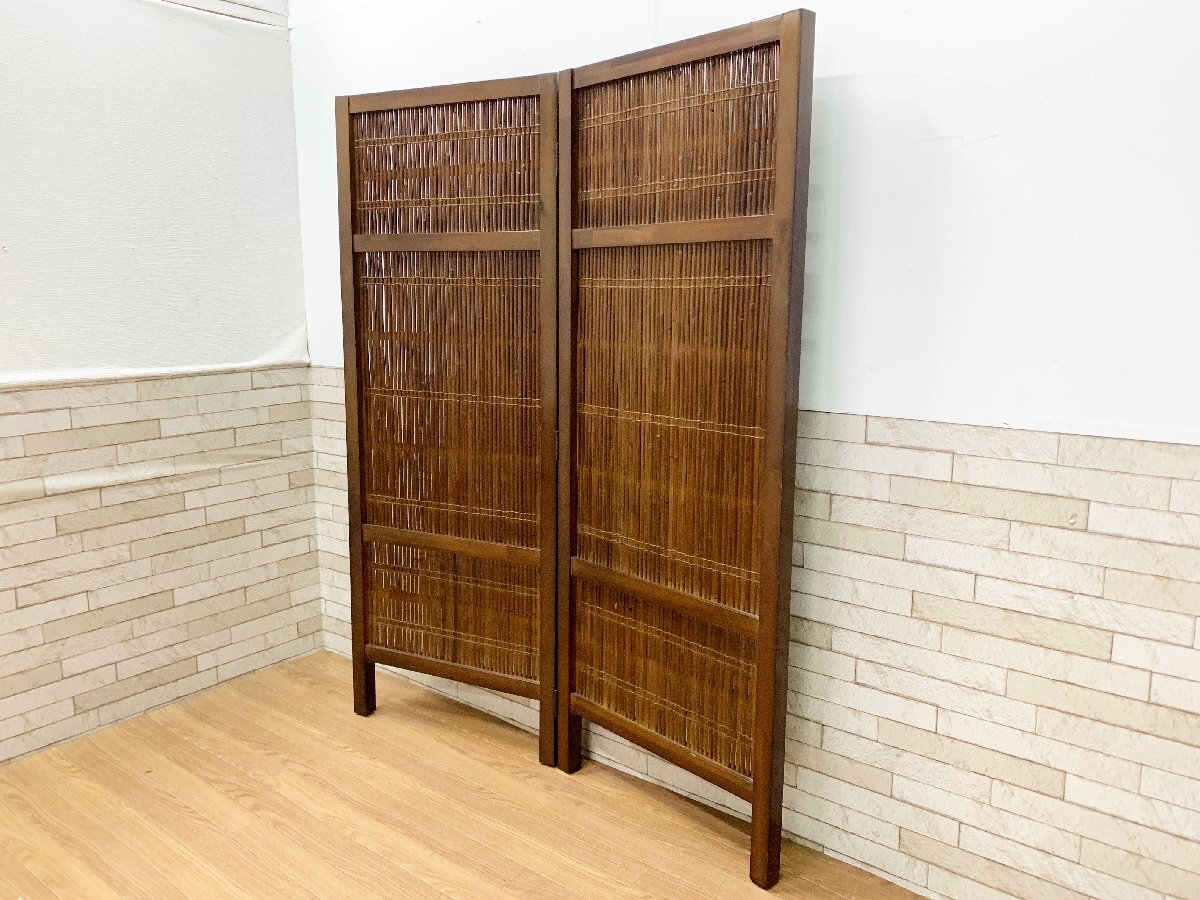 ◆和風 竹すだれ 衝立 パーテーション 間仕切り 竹製 木製 2連 レトロ 雑貨 屏風 アジアン 折り畳み式 高さ155.5cm (畑1258)拍卖