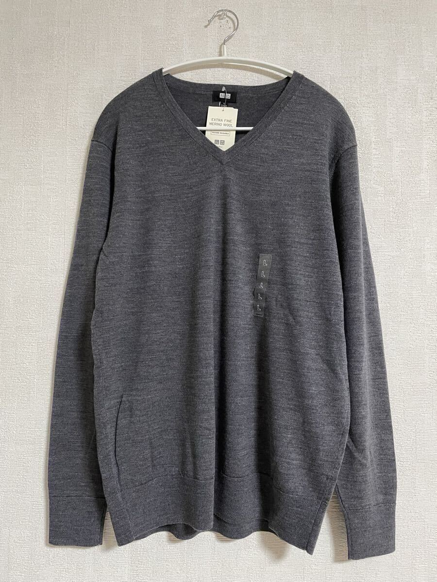 ★新品★UNIQLO★長袖 エクストラファイン メリノ Vネック セーター 毛100%★07 Gray★Lサイズ★マシンウォッシャブル ユニクロ メンズ拍卖