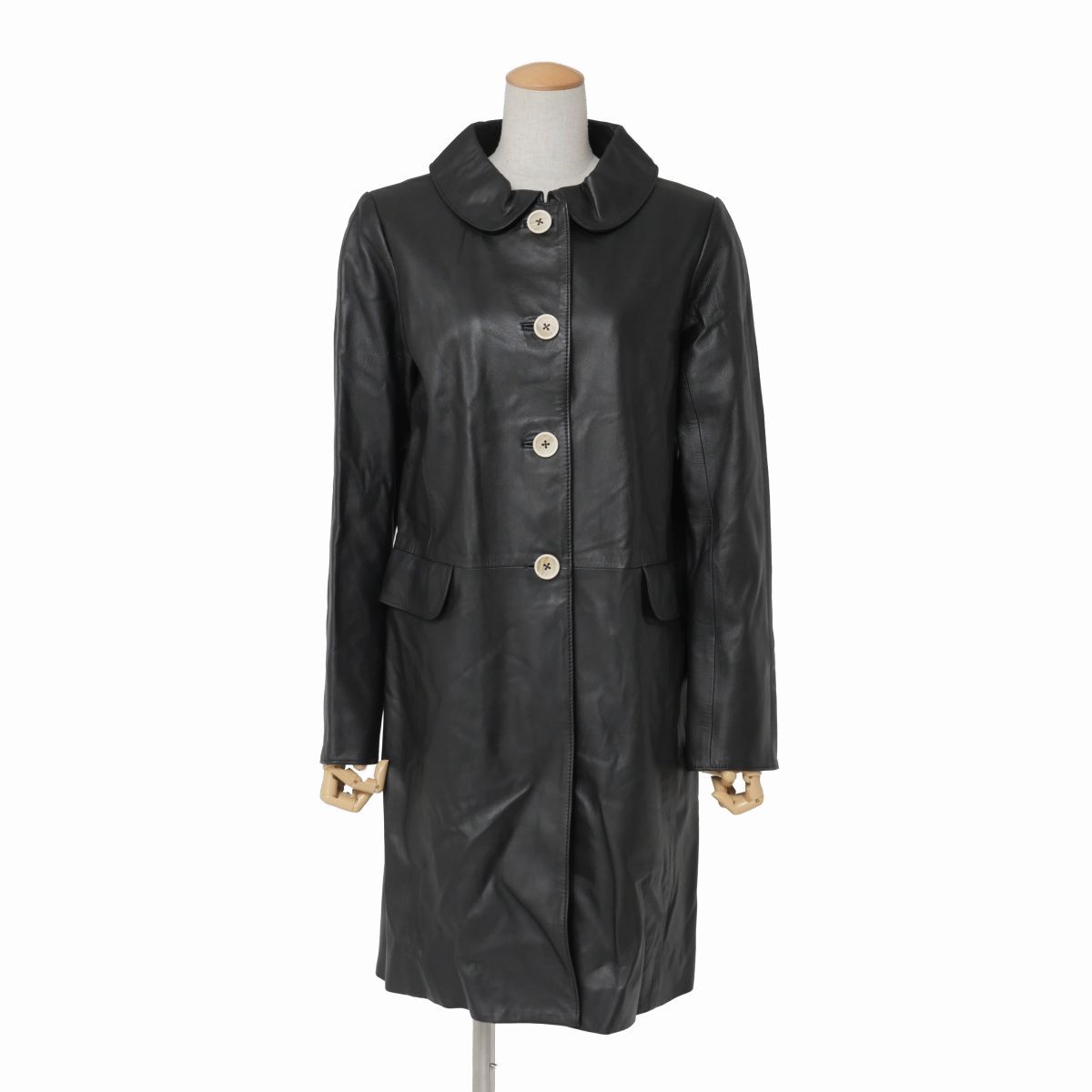 GS0007▲49AV.junko shimada/ジュンコシマダ 羊革 レザーコート ステンカラーコート レディース サイズ38 ブラック系拍卖