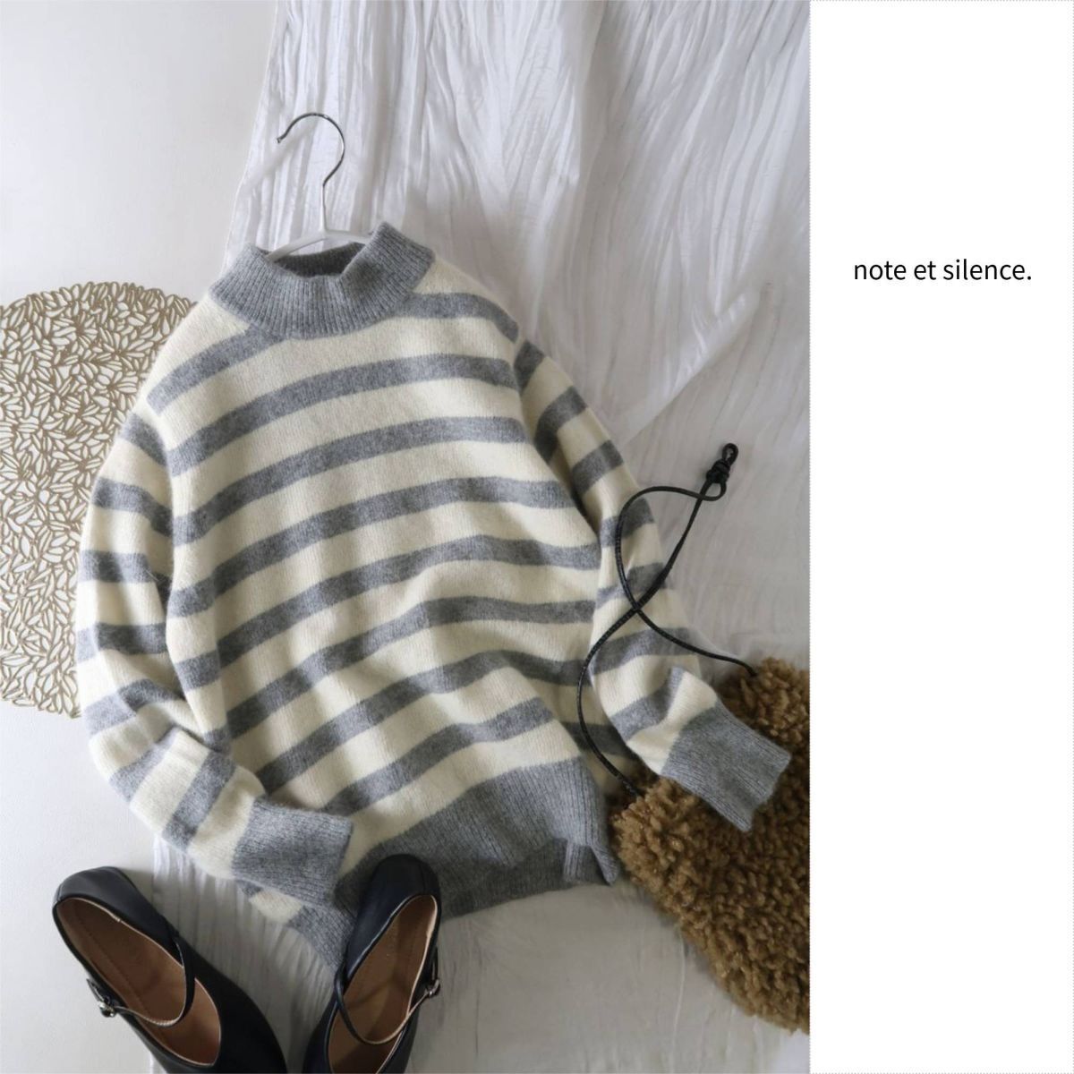 ノートエシロンス note et silence.☆ウールアンゴラ混 ハイネック ボーダーニット Fサイズ☆A-O 6719拍卖
