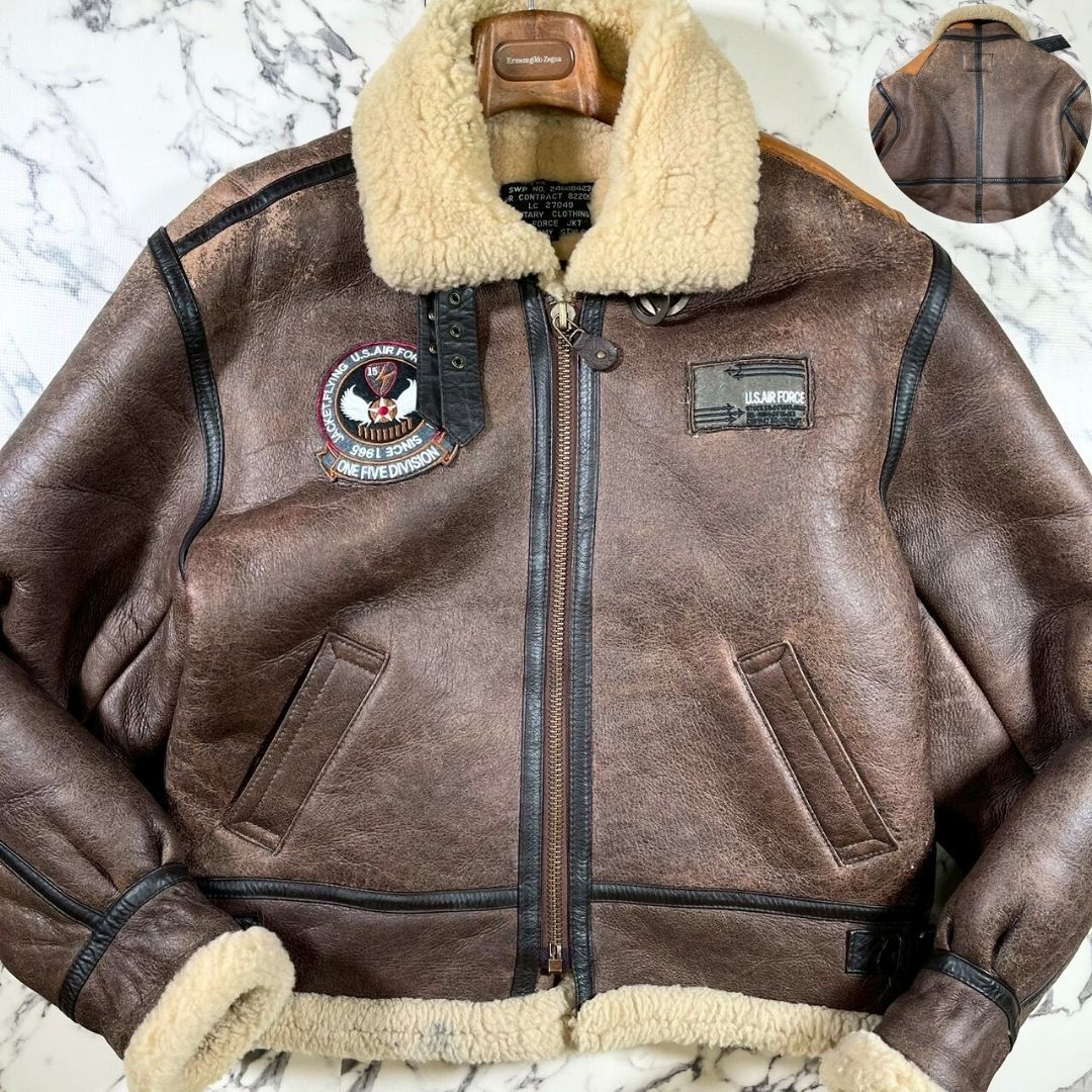 B-3/パッチワーク(L)●U.S.ARMY AIR FORCE TYPE ムートン ラムレザー フライトジャケット ブラウン 茶 ボア ライダース 羊革 ワッペン 米国拍卖
