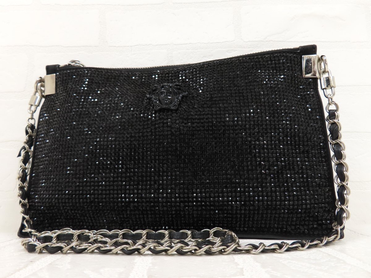 ◆超美品◆VERSACE ヴェルサーチ◆カーフ レザー 本革 ラインストーン◆チェーン ショルダー バッグ◆黒 シルバー金具◆メデューサ◆A14539拍卖
