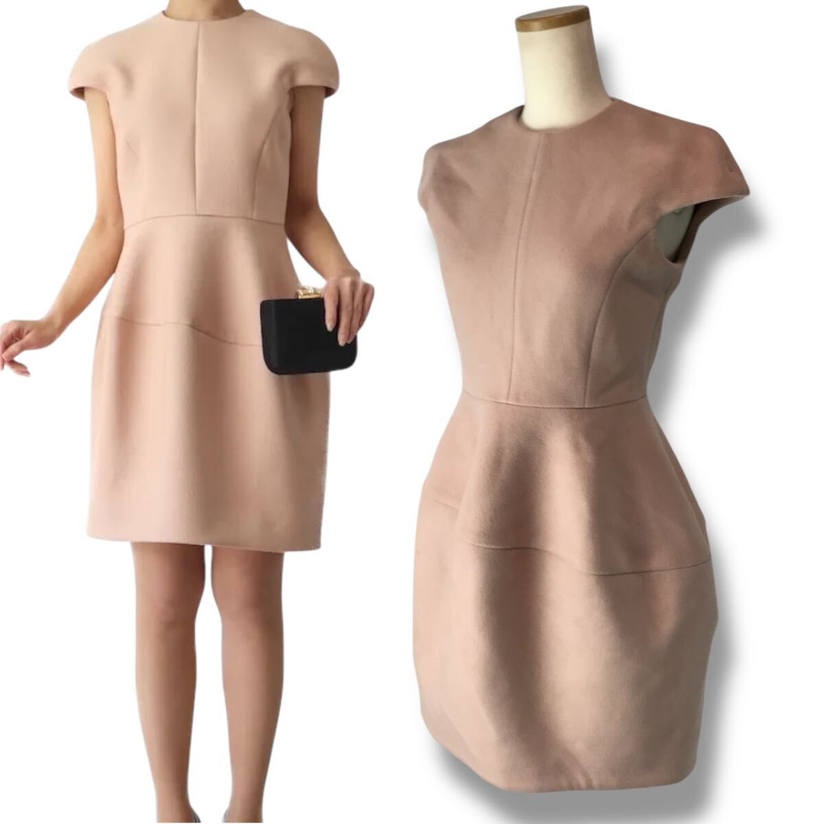 e215 YOKO CHAN ヨーコチャン ウール バルーン ワンピース 半袖 ドレス ピンク 日本製 38 レディース 正規品 フォーマル 拍卖