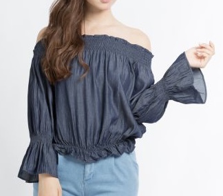 WEGO シャーリングオフショルブラウス デニム中濃色拍卖