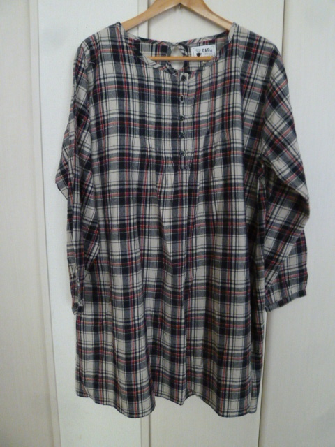 CAFii○紺×赤×白チェック柄ヘンリーネルシャツワンピース4L/大きいサイズネイビーホワイトトリコロールカラー長袖ビックサイズ○OP123拍卖