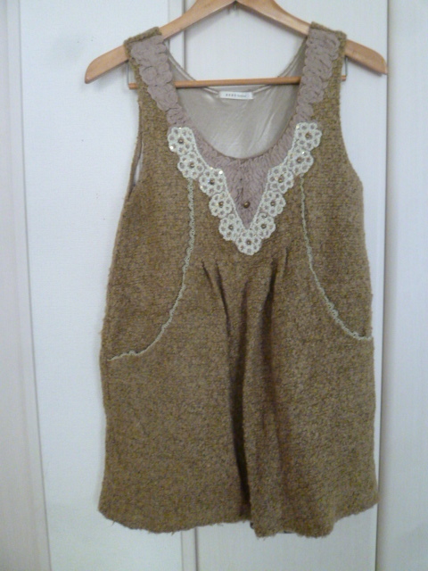 axes femme/アクシーズファム○茶ベージュ系お花刺繍フリル起毛デザインウール混チュニックワンピースM/ミニアイジーエーブラウン○OP123②拍卖