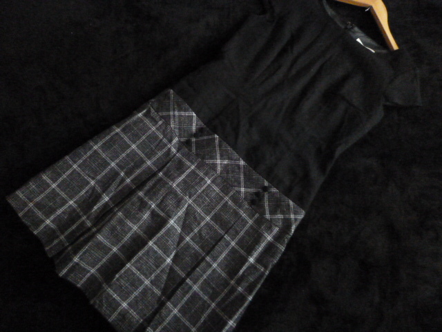 A.ROSE/PRODUCED BY 5-UNIT○黒×グレーチェック柄プリーツ切り替えウール混ワンピース2/エムドゥ半袖膝丈○OP123②拍卖