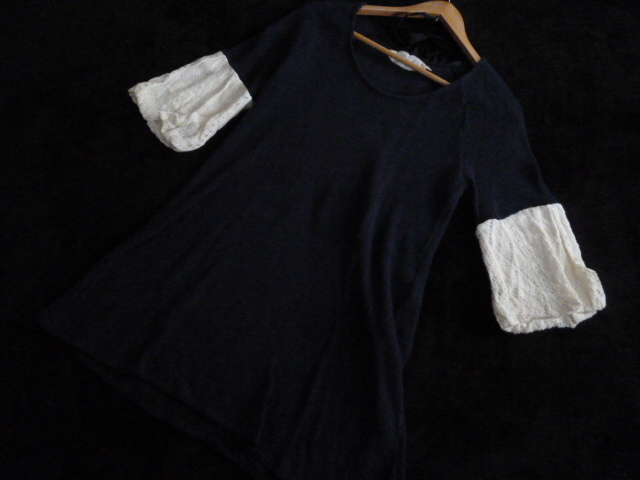 ISBIT guardian/イズビット○紺×アイボリーバイカラーバルーン袖チュニックニットワンピースF/ネイビーミニ色違いあり麻混○OP123⑤拍卖