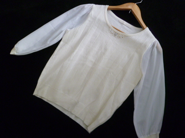 LDprime○白パールビジュービーズお花模様袖シフォン異素材ドッキングニットトップスM/ホワイト七分袖姫系○1215①拍卖