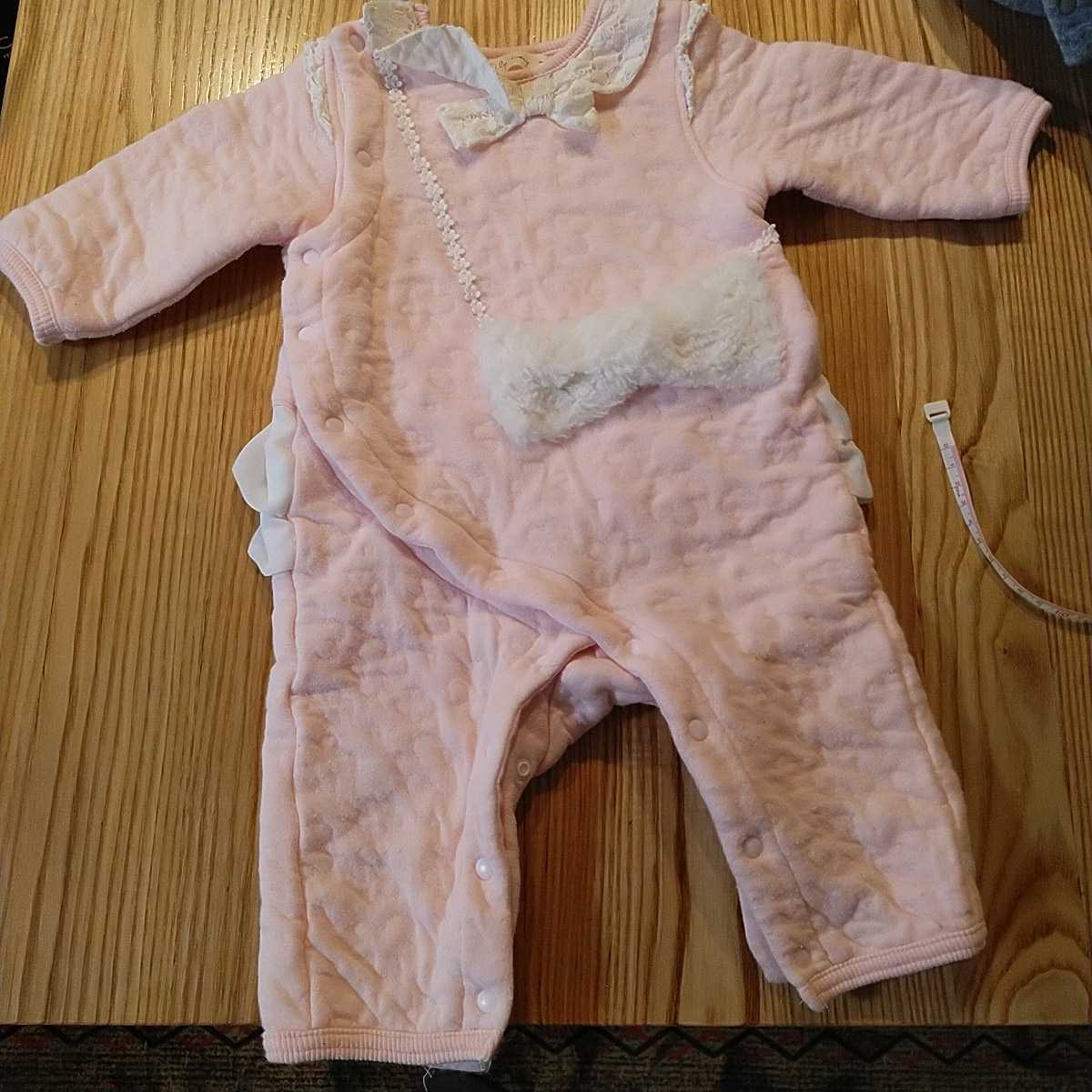 カバーオール 70厚手暖かモコモコ防寒ピンクフリルレースリボン拍卖