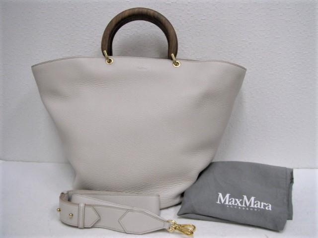 美品 MAX MARA マックスマーラ レザー ショルダー付き ハンドバッグ ウッドハンドル拍卖