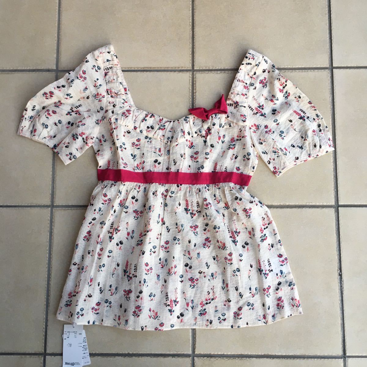 新品タグ 未着 ジルスチュアート JILL STUART 綿100 花柄 リボン スクエアネックカットソー サイズS 薄らピンク地 マゼンタ 紺等 日本製拍卖