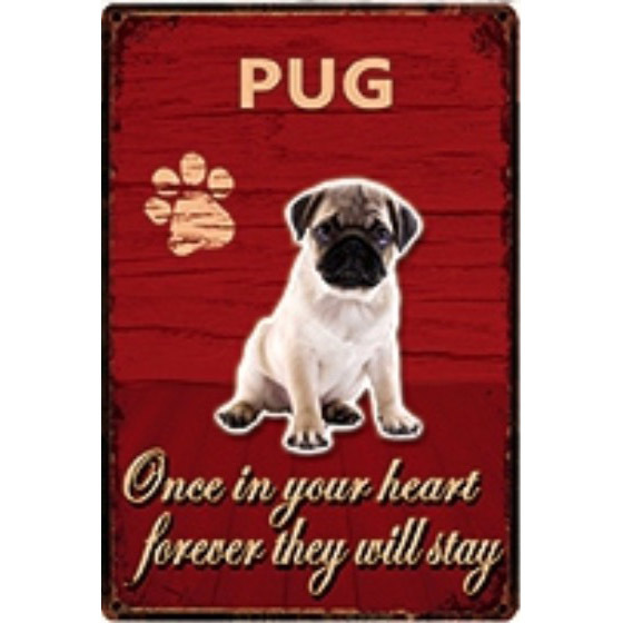 A2869 メタル サイン ブリキ 看板 金属製 プレート 店舗 注意 警告 危険 防犯 動物 ペット 犬 番犬 猛犬 パグ 4355拍卖