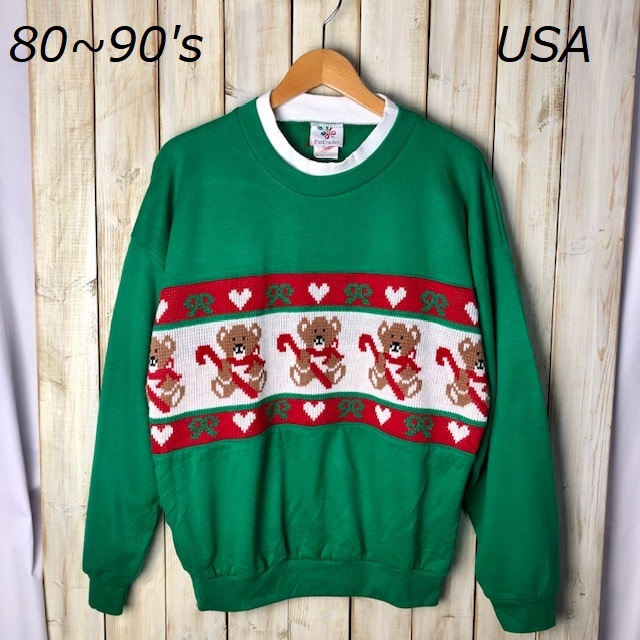 USA古着 80s~90s USA製 ニット切り替え スウェット L 緑 オールド ヴィンテージ アメリカ古着 クリスマス ●52拍卖