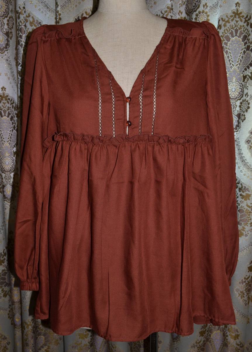 05【新品タグ付】*GU ジーユー ボリュームスリーブ ティアード ブラウス 長袖 ブラウン S レディース 送料無料拍卖