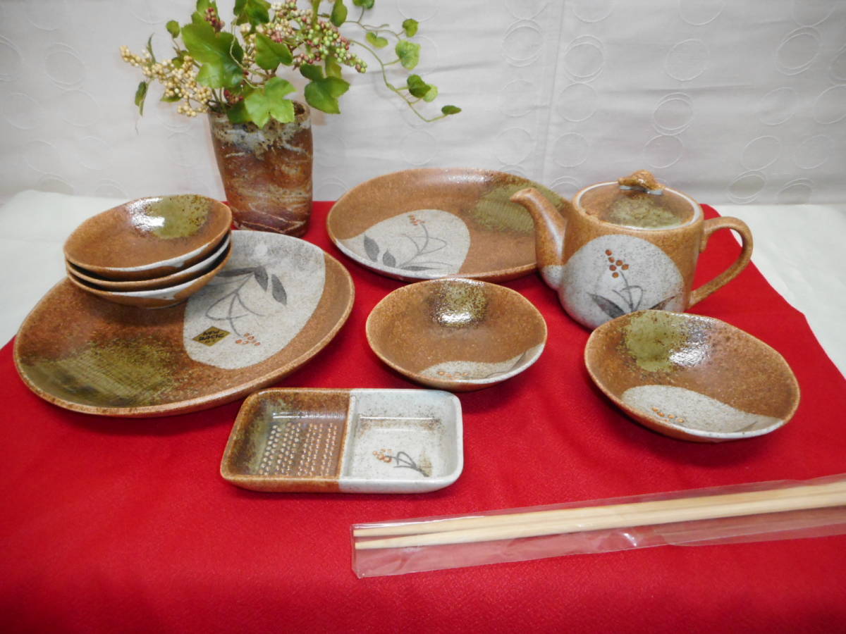 和風陶器 伊賀 天ぷら揃え 大皿&取り皿&薬味皿&天つゆ入れ&菜箸 和食器 陶器 新品拍卖