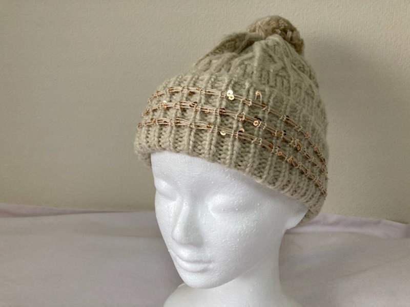 ニット帽 ベージュ(女性用)(スパンコールデザイン)(冬)拍卖