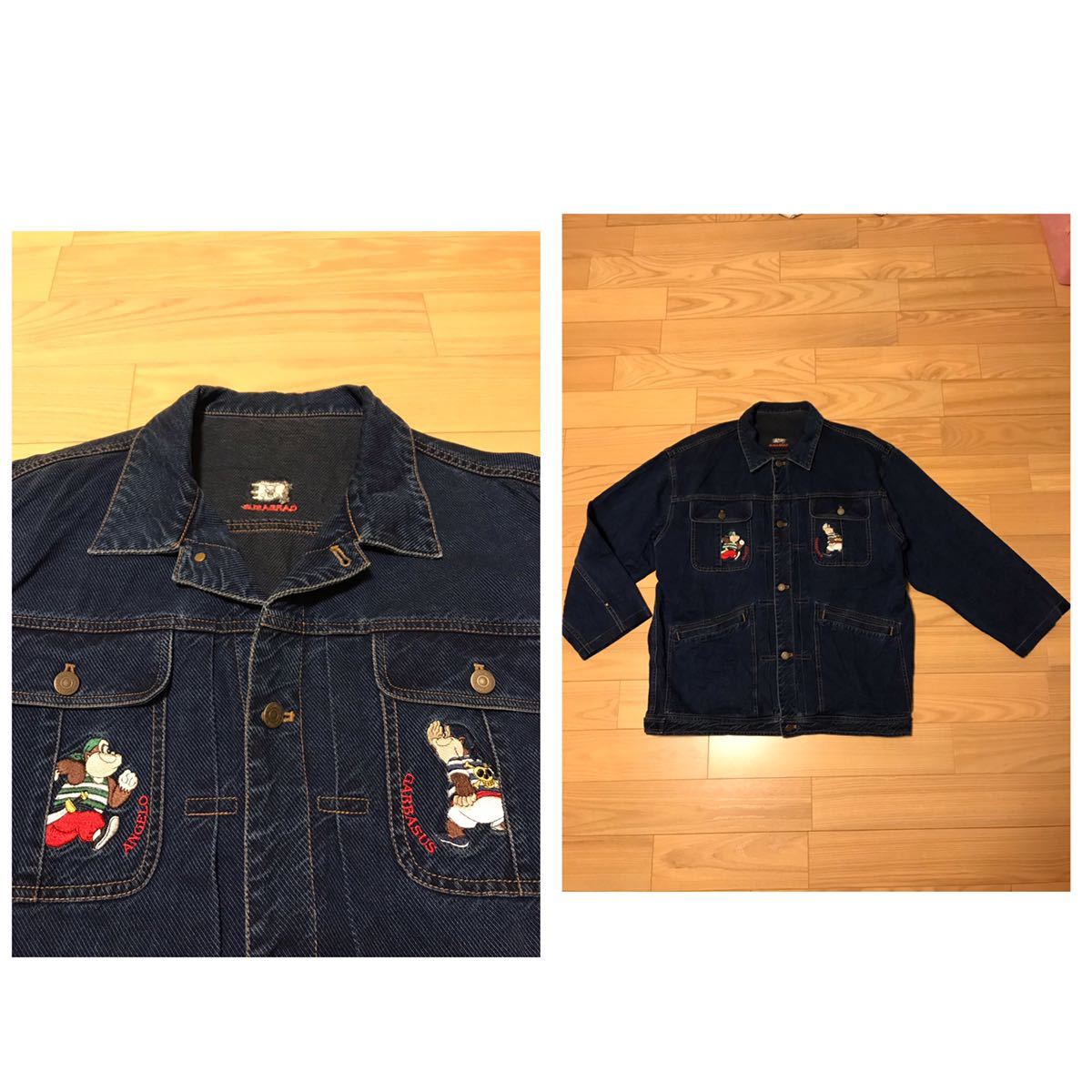 高級☆ANGELO GARBASUS/アンジェロ ガルバス LL インディゴ染めデニムジャケット 4ポケット 両面ロゴ&キャラクター 7部袖? アンジェロ拍卖