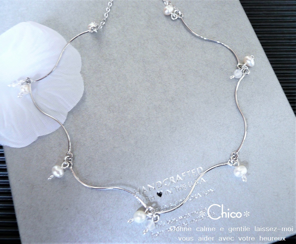 ★51cm★【本ロジウムチェーン】メタルウェーブ ホワイト淡水パール&クリスタル ハンドメイドネックレス ♪ ★2点以上送料無料!★拍卖